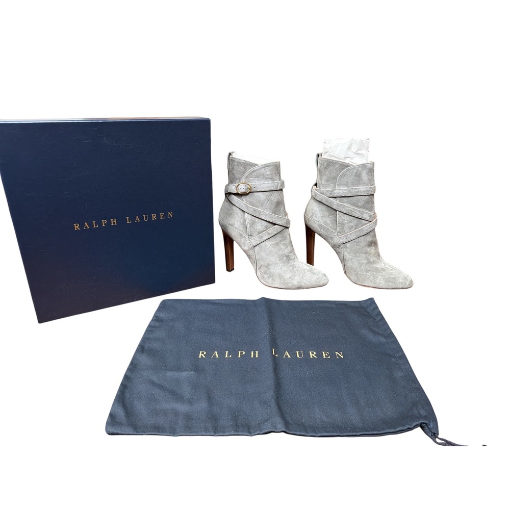 Ralph Lauren Purple Grey Goat Suede Ankle Buckle Bootie Boot‎ Italian Made 40.5B